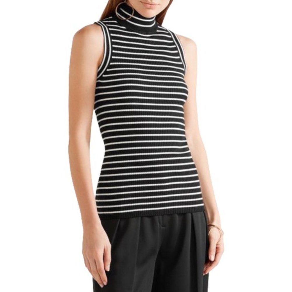 MICHAEL Kors Striped Ribbed Knit Sleeveless Mock Neck Turtleneck Sweater